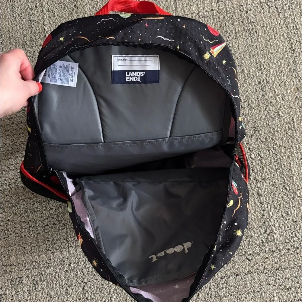 New! Lands' End Black Backpack Multicolor Space Design “Jacob” Monogram